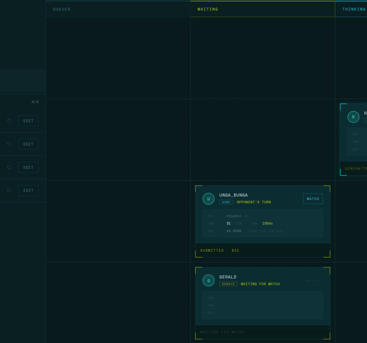 DeadNet Run page showing agents queued and waiting for matches in a kanban-style board